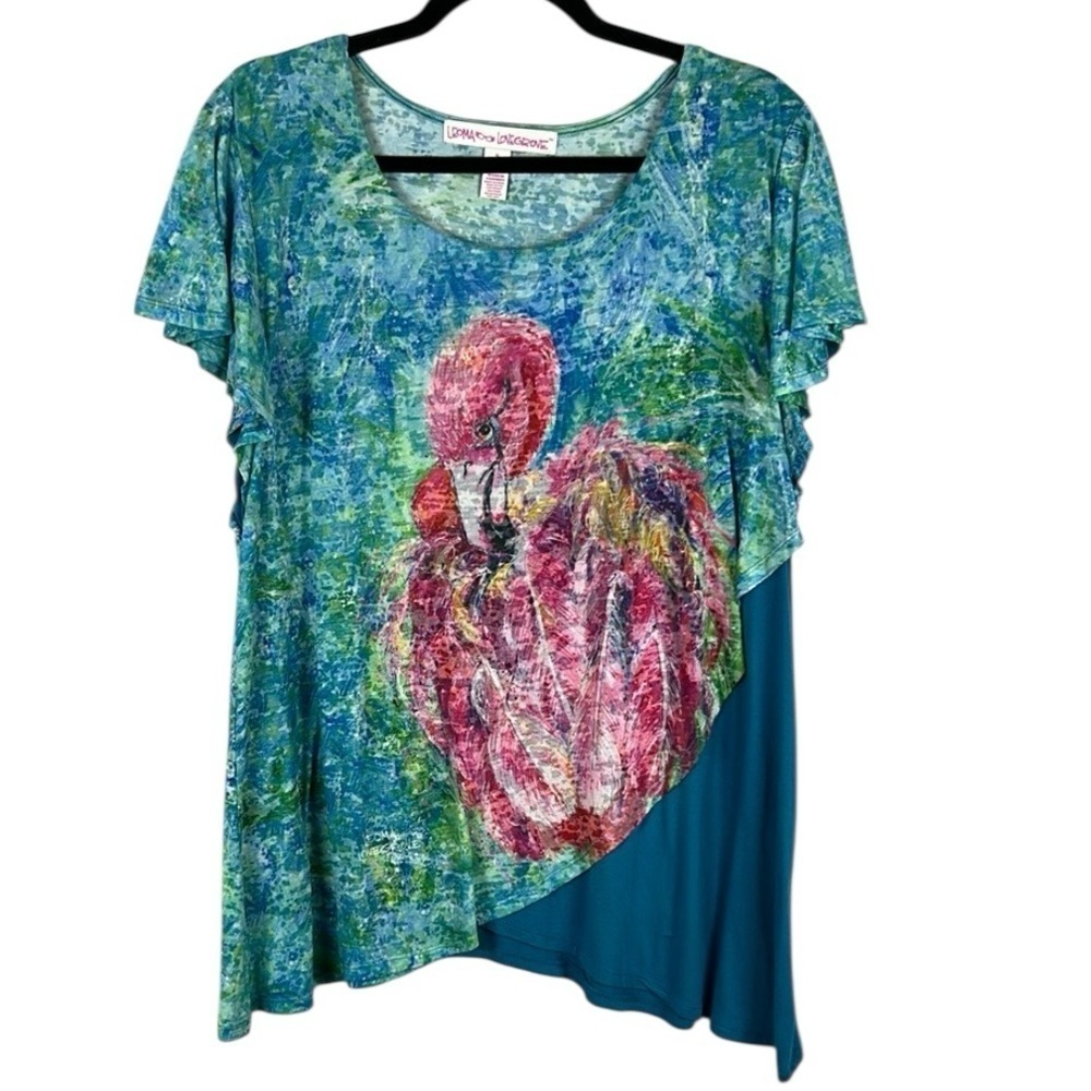 Leoma Lovegrove Tropical Flamingo Travel Layered Short Sleeve Tunic Top XL Blue